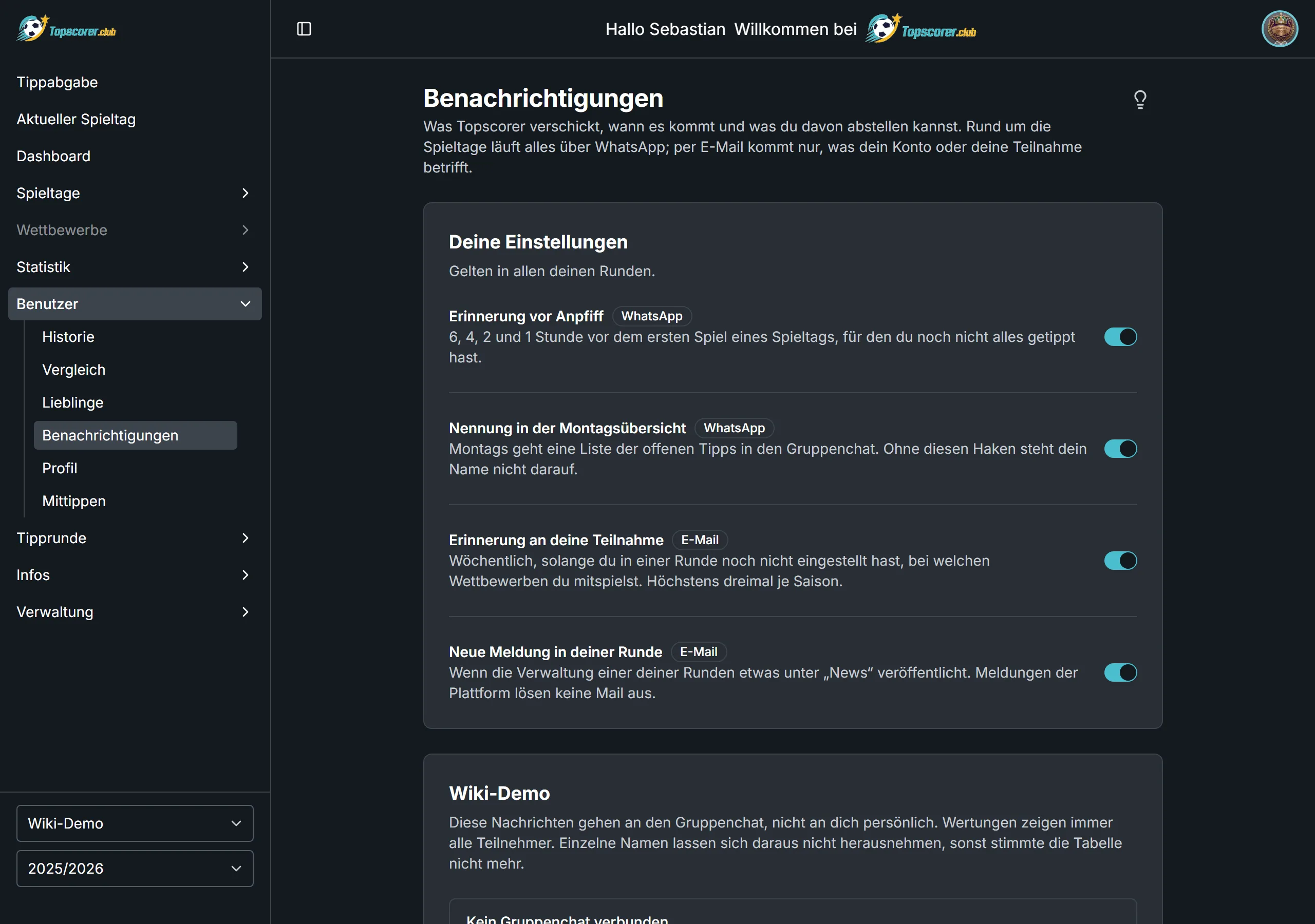 Deine Schalter für Erinnerungen und Mails, darunter die je Runde