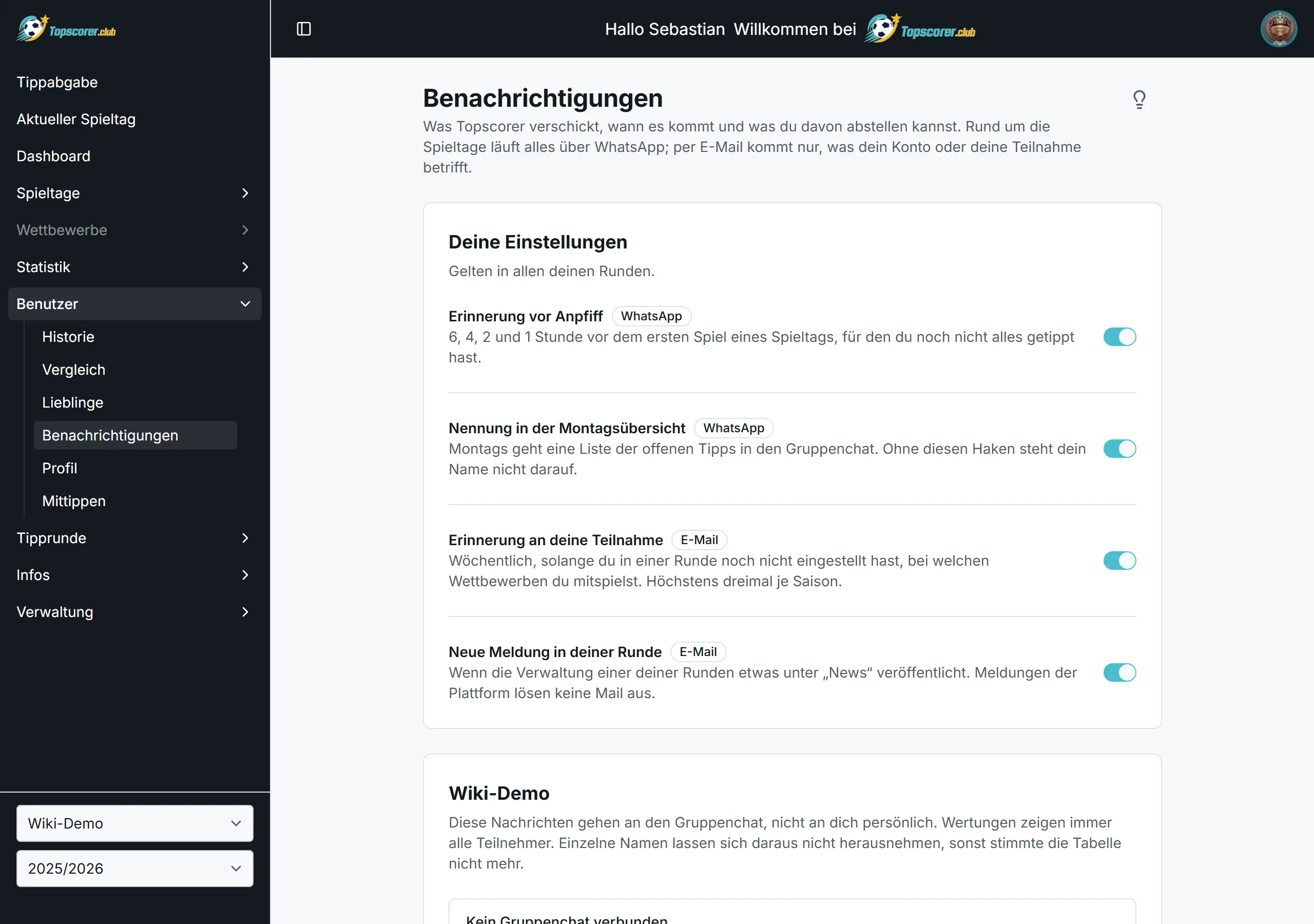 Deine Schalter für Erinnerungen und Mails, darunter die je Runde