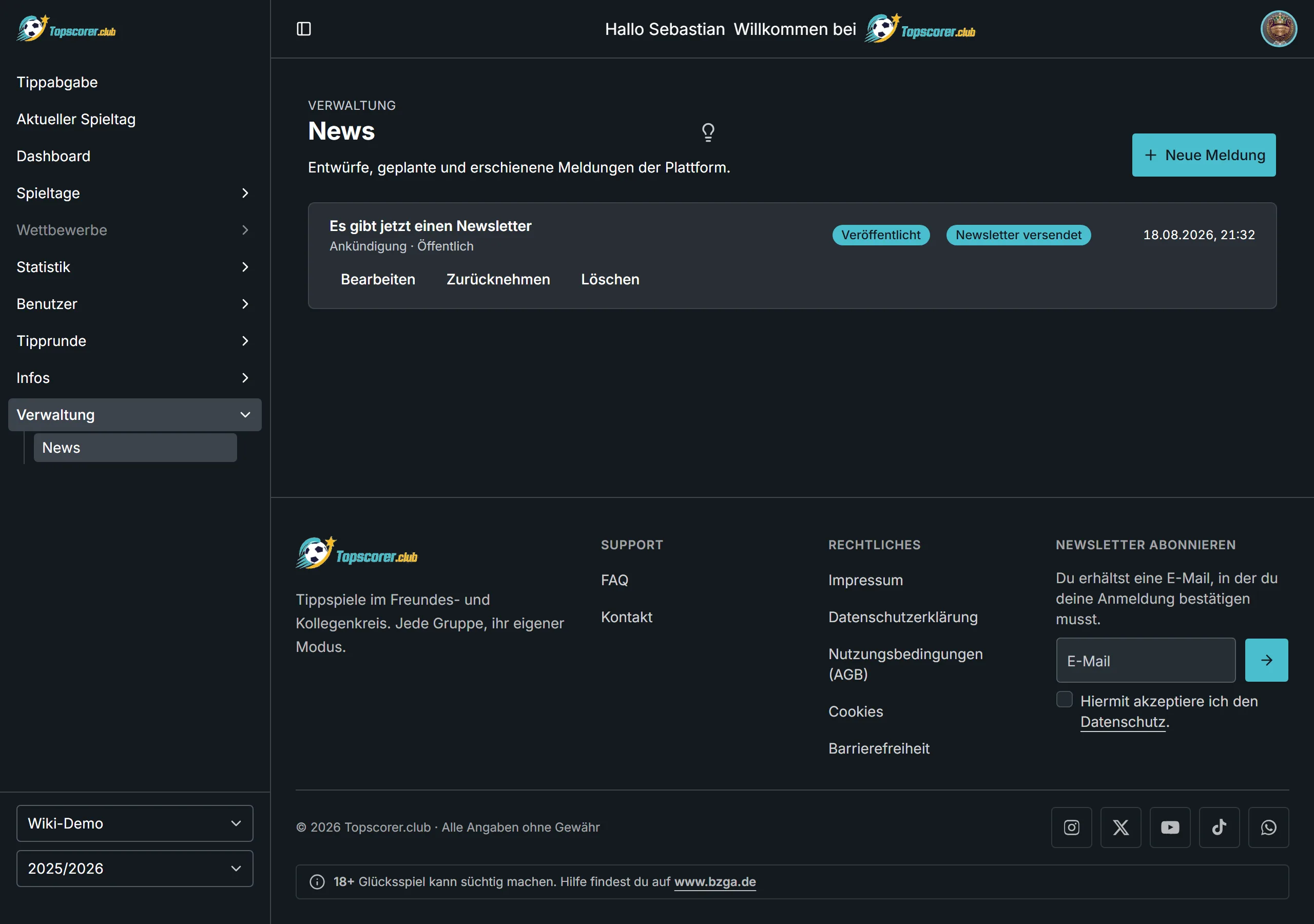 Die Meldungsliste der Redaktion mit Status und Aktionen je Meldung