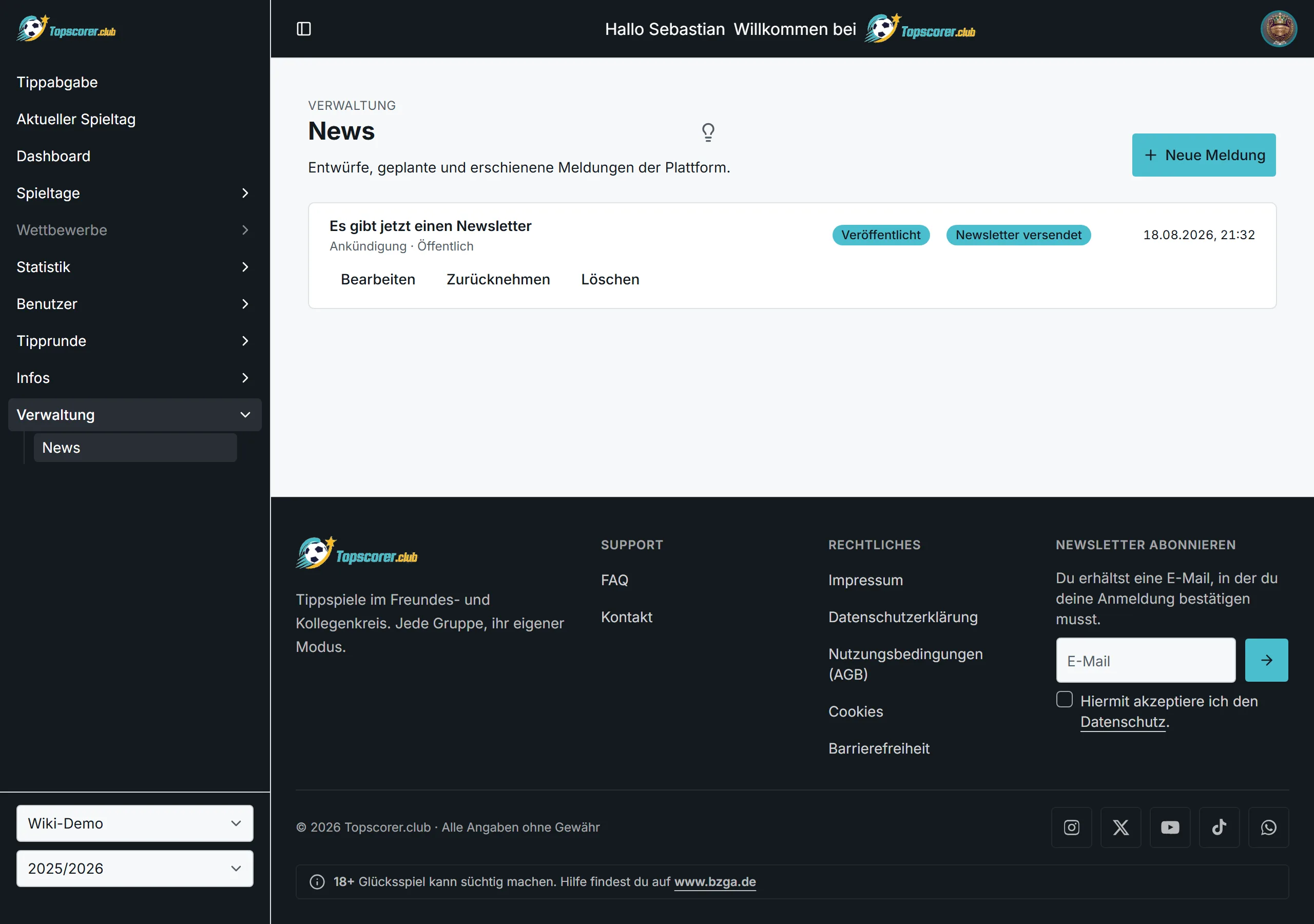 Die Meldungsliste der Redaktion mit Status und Aktionen je Meldung